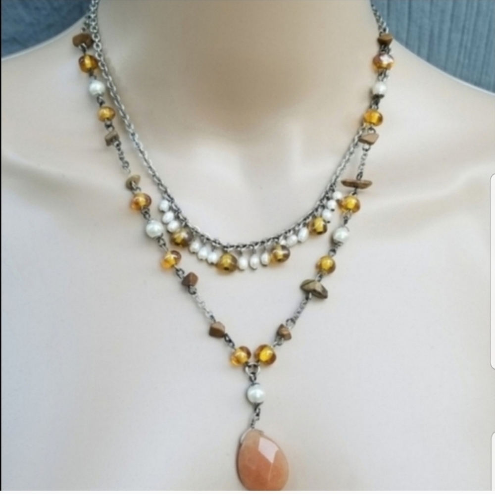 NANCY & RISE LAYERED GLASS BEAD, FAUX PEARL & GEMSTONE NECKLACE